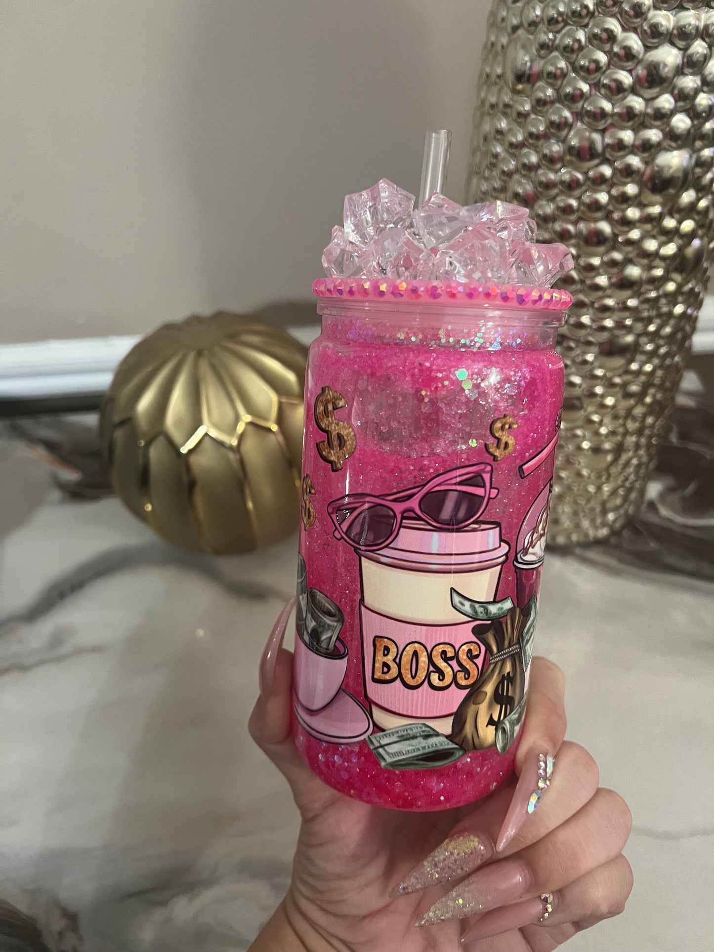 Boss Babe Pink Snow Globe Acrylic Cup