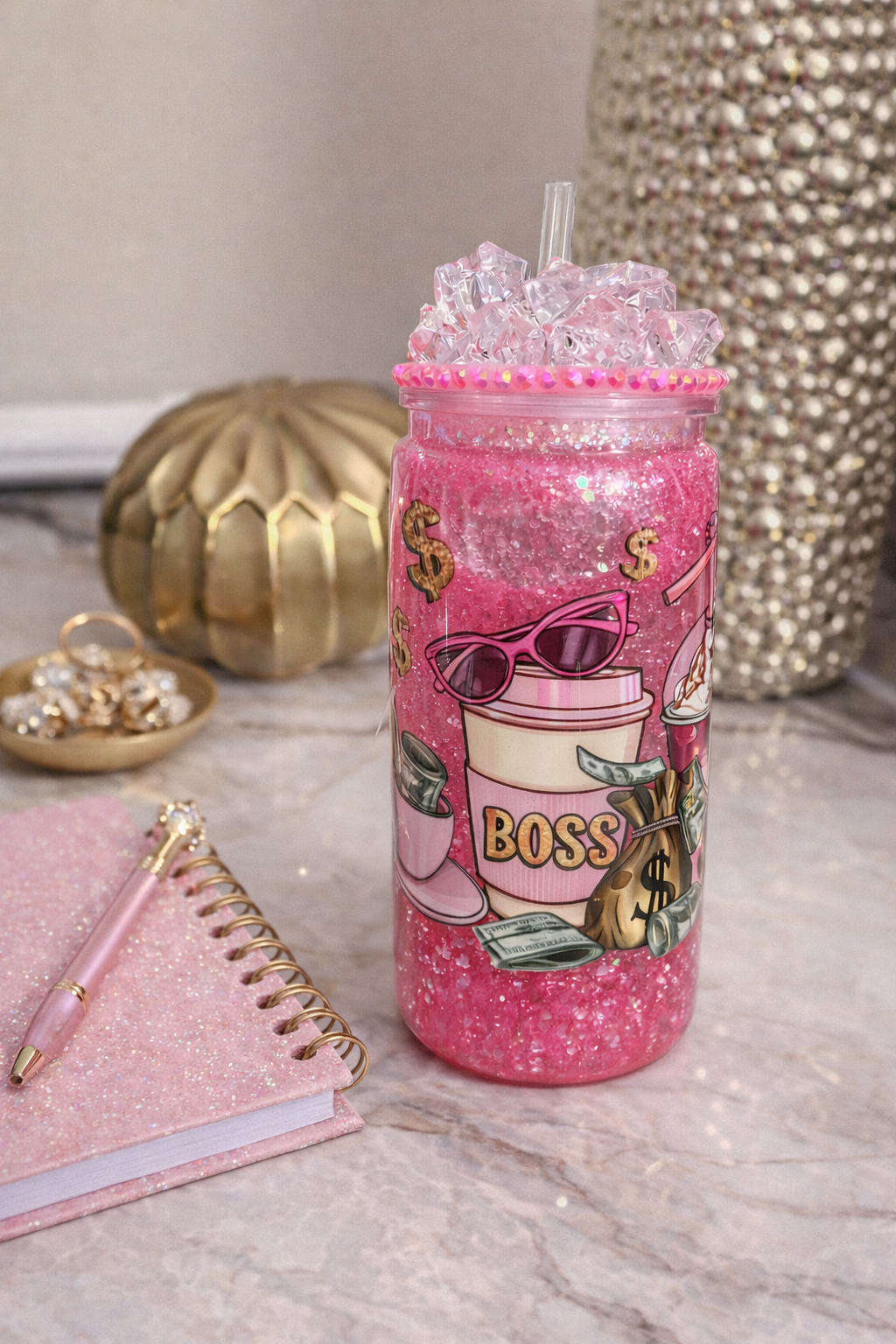Boss Babe Pink Snow Globe Acrylic Cup