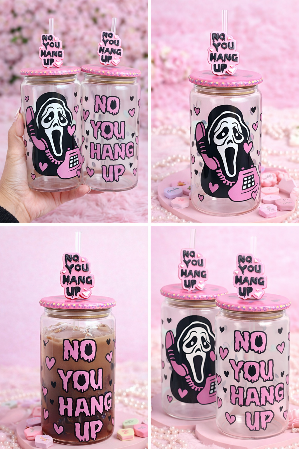 "No You Hang Up" Valentine Libby Glass Set - 16oz Glass Cup with Custom Lid & Straw Topper